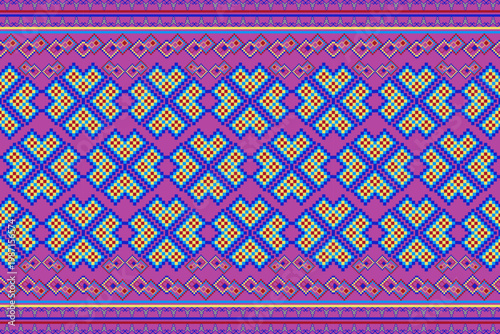 Vibrant pixel art pattern in purple, blue, yellow, and red tones. Inspired by traditional woven textiles, featuring geometric diamond motifs with a colorful digital aesthetic.