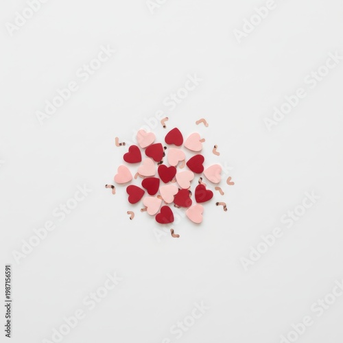Scattered Pink And Red Paper Hearts On White Background For Valentine And Romance