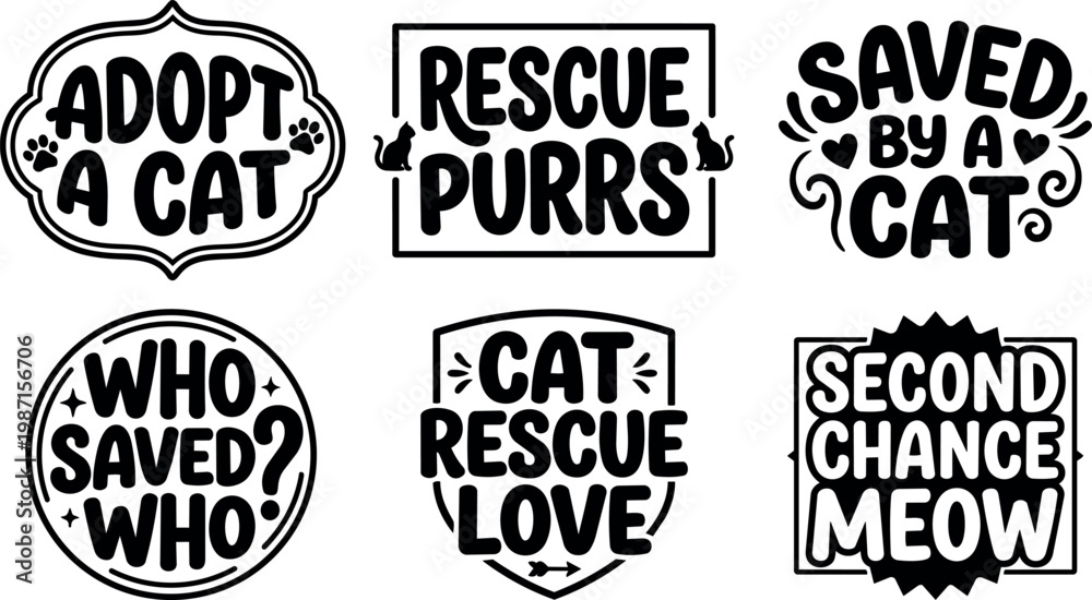 Fototapeta premium Black and white cat rescue sayings with paw prints and cat icons vector art