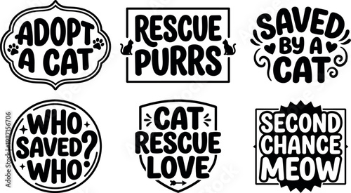 Black and white cat rescue sayings with paw prints and cat icons vector art