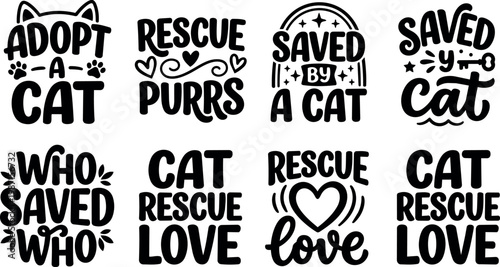 Black and white cat rescue and adoption phrases hand lettering vector art