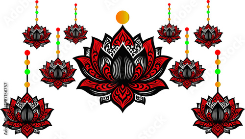 Elegant Vesak Day Lotus Mandala Ornament Black Red Vector Design