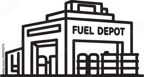 Fuel depot building exterior with large oil storage drums, gasoline