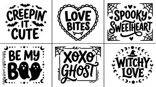 Halloween themed creepy cute and spooky sweetheart hand lettering quotes with bats and ghosts