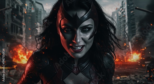 Fierce female super villain destroying city