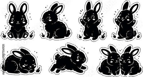 Black and white cute bunny characters in various poses vector art