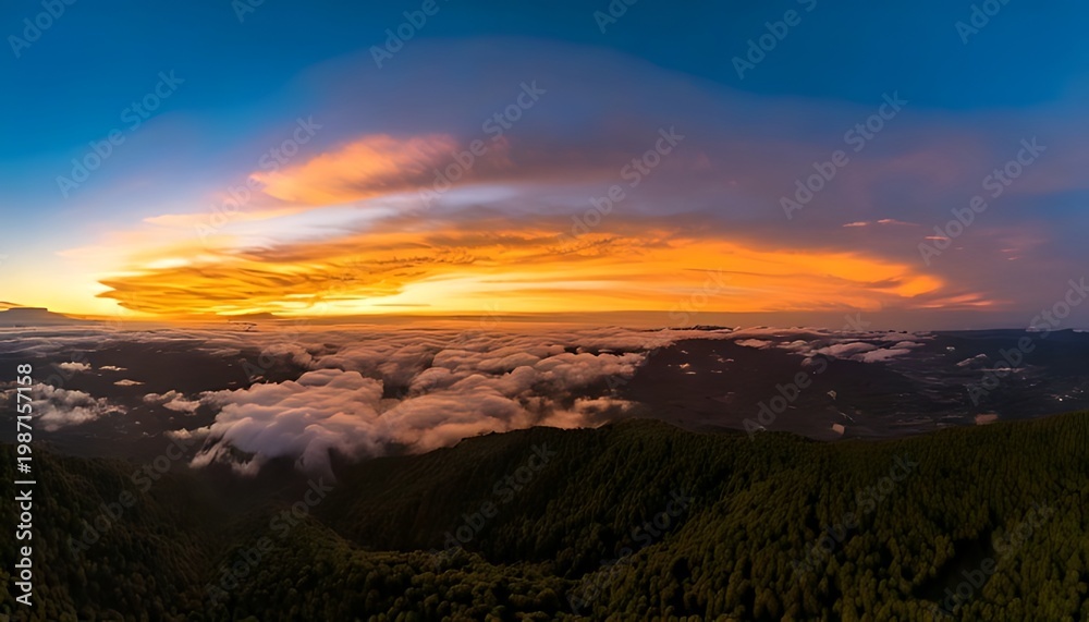 Fototapeta premium Panoramic view of a vibrant sunset over a sea of clouds, with a forested mountain range in the foreground