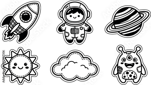 Black and white space rocket astronaut planet sun cloud and alien vector art