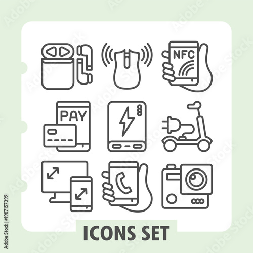 Earphones, phone payment, displays minimalist icons set featuring technology, shopping, finance and communication items in outline style for apps and print on white background. Set of nine line icons.
