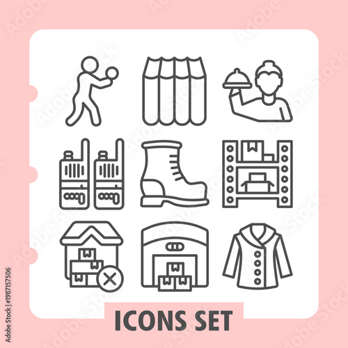 Volleyball player, walkie talkie, warehouse ban minimalist icons set depicting sports, storage and clothing items in outline style for apps and print on white background. Set of nine line icons.