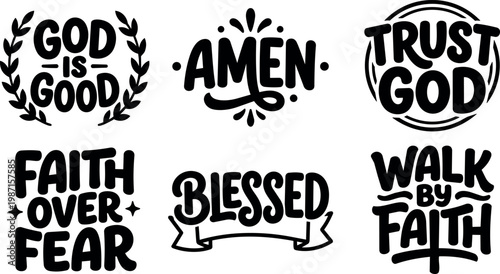 Black and white faith phrase collection with god trust and blessing messages vector art