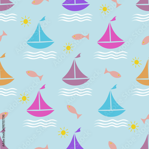 Seamless pattern with colorful yacht,fish and sun. Sea background. Vector illustration.Summer vacation print for fabric, website backdrop, wallpaper, neoteric vector background