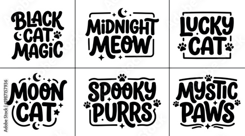 Black cat magic midnight meow lucky cat moon cat spooky purrs mystic paws lettering vector art