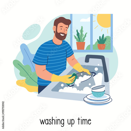 A cheerful man washes dishes in a well-lit kitchen, surrounded by plants and sunlight, capturing the essence of home life and domestic chores with a positive vibe.