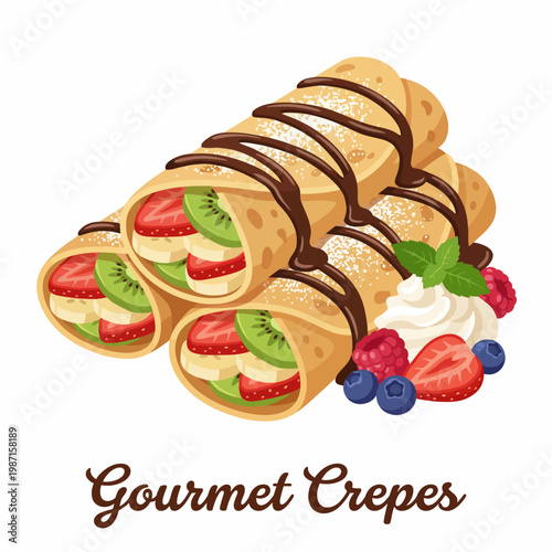 This illustration showcases gourmet crepes filled with fresh fruits like strawberries and kiwis, drizzled with chocolate sauce, and served with whipped cream, creating a delightful treat.