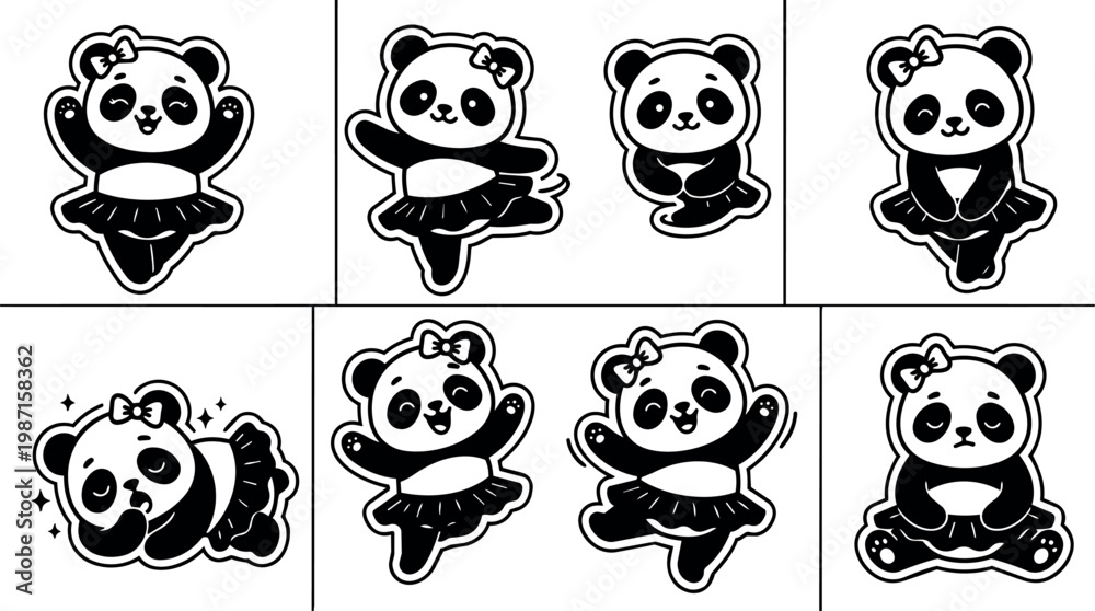 Fototapeta premium Cute kawaii panda wearing bow and tutu in various playful poses black and white vector art