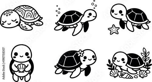 Black and white cute cartoon turtle collection with seashells and starfish vector art