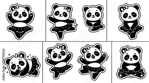 Cute kawaii panda wearing bow and tutu in various playful poses black and white vector art