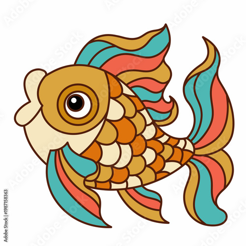 A whimsical illustration of a golden fish with colorful fins swimming gracefully, embodying joy, beauty, and creativity in an imaginative aquatic environment.