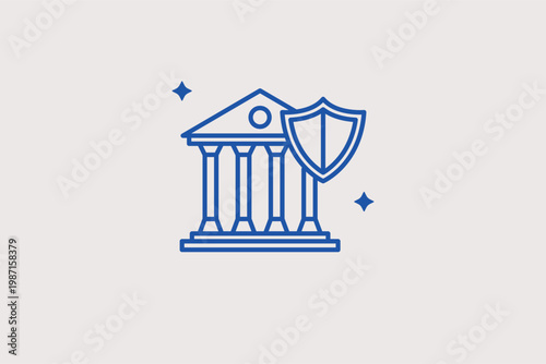 Bank building with a large protective shield for financial institution security. Sturdy Vector Illustration and line icon is perfect for corporate banking and national reserve themes.