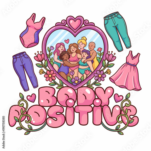A vibrant illustration celebrating body positivity, featuring diverse individuals embracing their uniqueness, promoting self-love and confidence in a colorful and cheerful design.