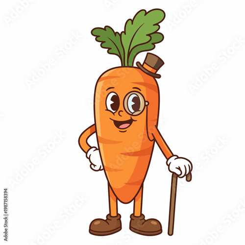 A delightful carrot character dressed in a bowler hat and monocle embodies a playful mix of elegance and fun, ideal for creative food art and healthy themes.