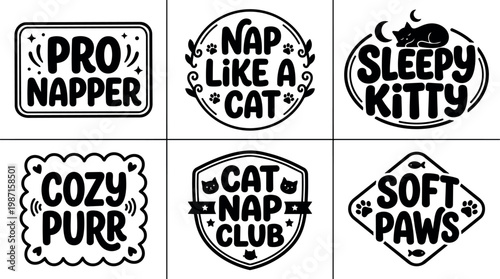 Cat nap club soft paws cozy purr sleepy kitty nap like a cat pro napper black and white icons