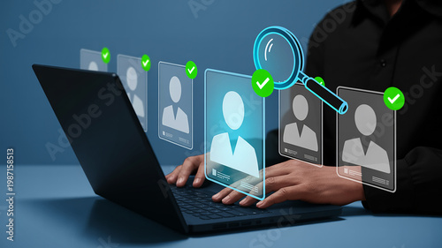 Person using laptop with digital profiles and magnifying glass for recruitment hiring human resources