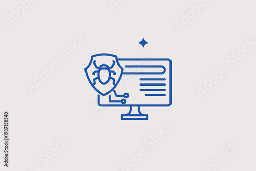 Monitor displaying a bug and shield for active cyber defense. Strong Vector Illustration and line icon is perfect for firewall protection and malware removal services.