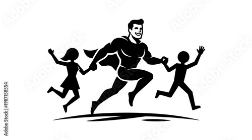 Superhero Father Running with Children