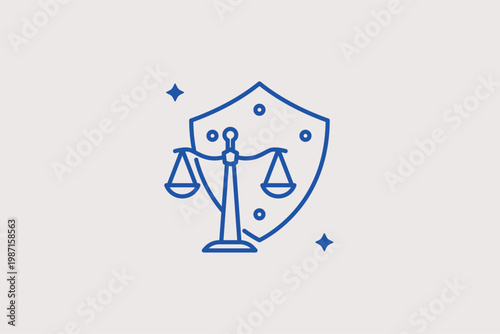 Scales of justice in front of a protective shield for legal defense. Formal Vector Illustration and line icon is perfect for law firm branding and judicial security icons.