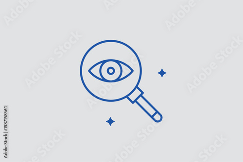 Magnifying glass focusing on a human eye for detailed forensic inspection. Analytical Vector Illustration and line icon is ideal for vision research and biometric analysis.