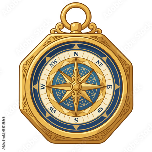 A beautifully designed golden compass with a rich deep blue center showcasing wind rose architecture, representing guidance, adventure, and exploration of the unknown.