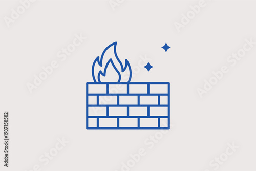 Brick wall on fire representing a robust network firewall system. Powerful Vector Illustration and line icon is ideal for internet security and cyber attack prevention.
