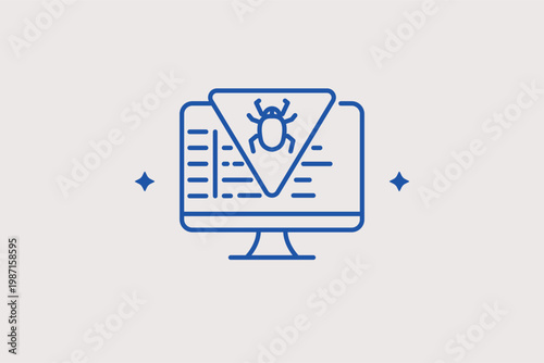 Computer monitor displaying a bug warning for system malware detection. Detailed Vector Illustration and line icon is ideal for antivirus software and technical support icons.