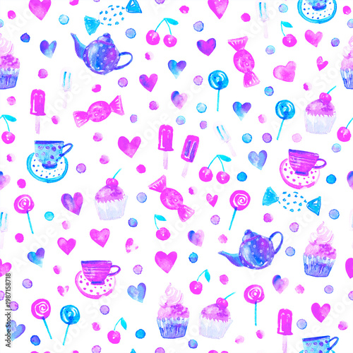 Spring watercolor seamless pattern with flowers sweets hearts dots birds. Naive style colorful drawings for spring easter seasonal design