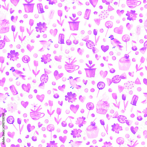 Spring watercolor seamless pattern with flowers sweets hearts dots birds. Naive style colorful drawings for spring easter seasonal design