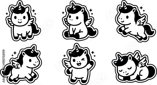 Black and white cute unicorn cartoon characters in various poses vector art