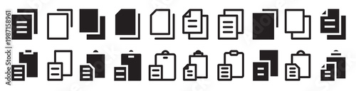Copy icon in solid and stroke style. A4 sheet with text. copy icon solid style. Clipboard paste document icon different style icon set. Line outline and solid icon version, Vector illustration.