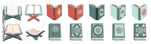 Collection of Islamic Rehal and Quran book illustrations in a flat design style. Sacred Holy Book Open On A Wooden Stand With Pink And Green Prayer Beads Ready For Devotion And Reflection.