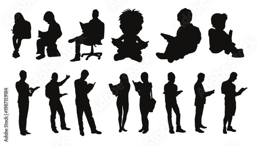 Silhouettes of people reading books in various seated and standing positions. People Sitting and Reading Silhouette Collection Men and Women on Chairs and Ben vector illustration.