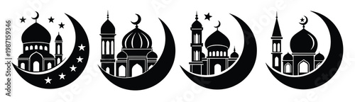 Collection of black silhouettes of mosques with various architectural designs featuring domes minarets for Islamic. Set of Islamic religious art symbols and orthodox architecture, vector illustration.