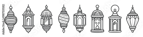 Hand drawn doodle vector set of Ramadan lanterns famous for Islamic decoration for creative islamic holiday greeting cards art, vector illustration.