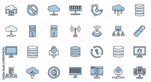 Technology icons representing data storage and networking concepts.