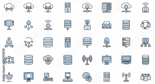 Collection of technology icons representing cloud computing and data storage.