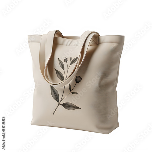 Elegant beige tote bag featuring a subtle bird design and woven trim isolated on transparent background