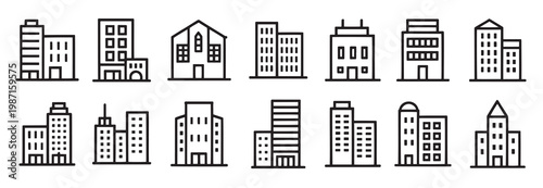 Set of buildings, Large collection of building line icons representing urban architecture and city. Collection of flat building icons representing various suburban architecture, vector illustration.