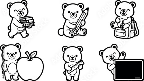 Black and white line art bears with school items carrying books pencil ruler and blackboard
