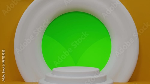 Minimal product podium stage with green circular backdrop and arch design smooth camera zoom out animation modern display scene 4k motion