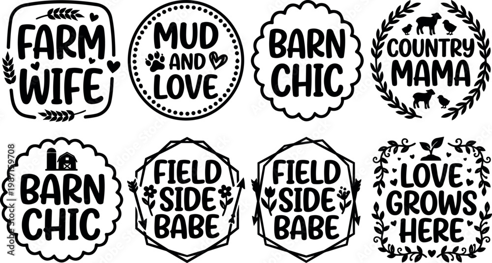 Obraz premium Black and white farm wife and countryside phrases with floral and animal motifs vector art